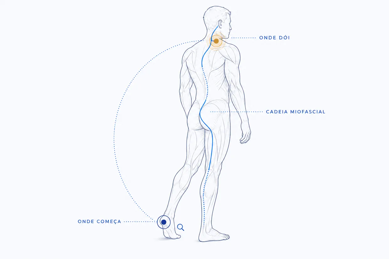 Diagrama ilustrativo: dor sentida na cervical com origem em disfunção no tornozelo, conectadas pela cadeia miofascial
